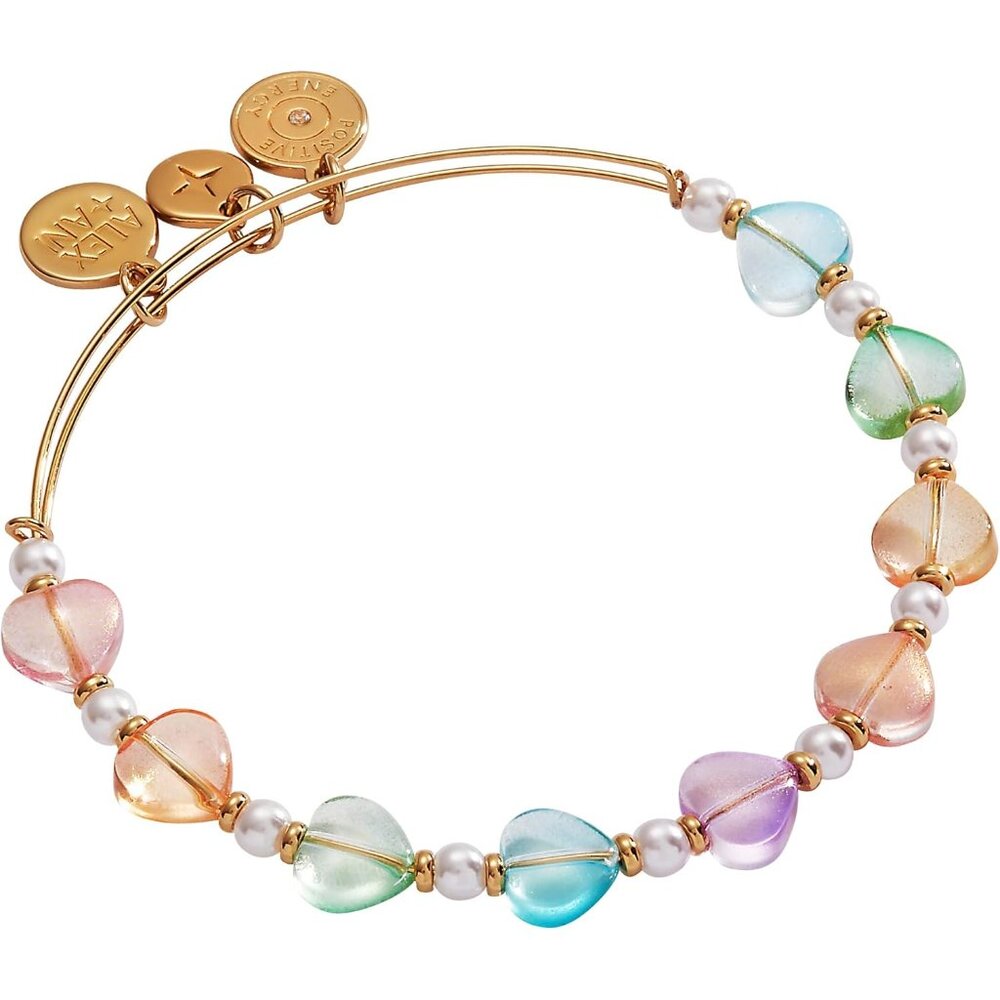 Colorful Heart Beaded Bangle Brass Adjustable Wrist Jewelry For Women